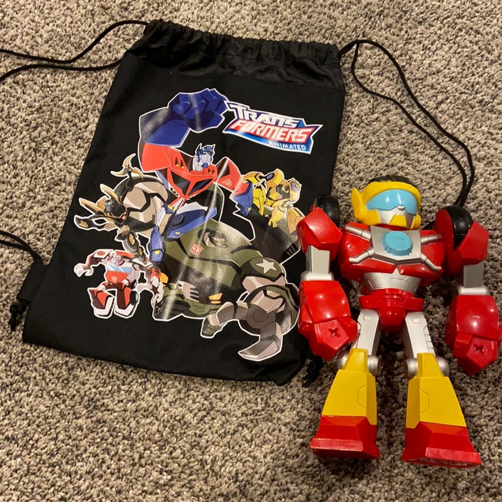 Transformers- Bundle- Hot Shot Playskool Figure & Drawstring Backpack Bag